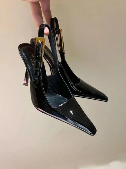 Black Pointed Toe High Heels Thin Heel Metal Cap Sandals Women's Shoes Elegant Painted Leather Sexy Fine Heel New 2025