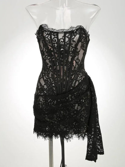 TARUXY Sexy Lace See-through Patchwork Corset Dress Female Bodycon Elegant Party MIrrgualr Mini Dress Women Tube Top Dress New