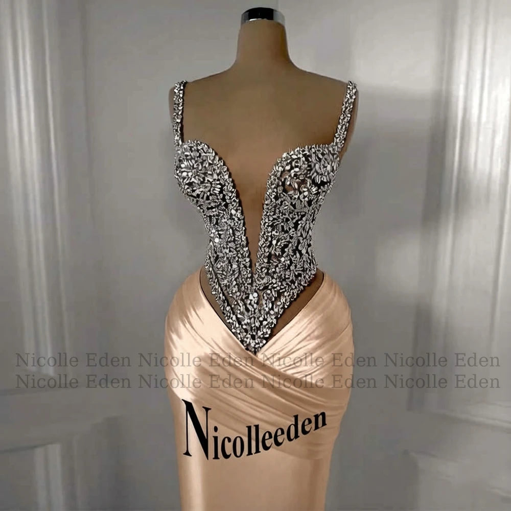 Nicolle Charming Spaghetti Straps Evening Dresses for Women Rhinestones Pageant Celebrity Dresses Vestidos De Gala Customized
