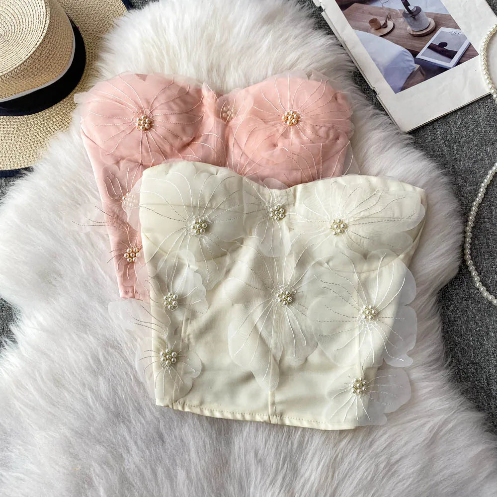 Embellished Short Crop Top Women's Vest with Chest Pad 3D Flower Decoration Slimming Effect Summer Fashion