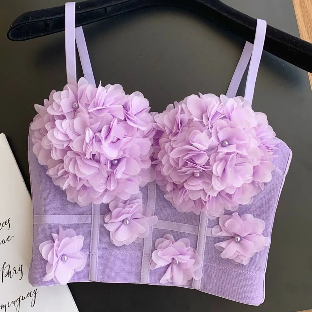 Sexy Beachwear Corset 3D Floral Applique Cute Women Deading Design Bustier Ladies Event Party Crop Top Short French Sweet Cami