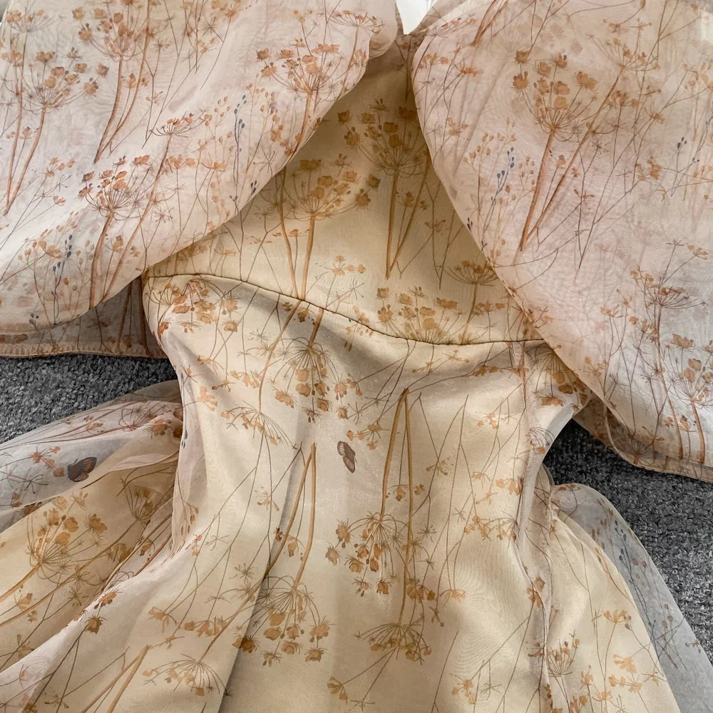 Women Elegant Bow Sexy Chiffon Print A-line Dress Summer One Shoulder High Waist Slim Vintage Seaside Party Vacation Robe