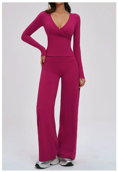 2PCS Gym Tracksuits Yoga Set Female Fitness Suit Deep V Yoga Bra Athletic Wear Women High Waist Workout Flared pants Sports Suit