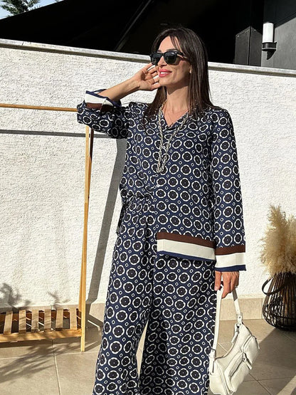 Street Casual Printed Pantsuit Two Piece Set Spring Women Long Sleeveless Shirt+High Waist Print Straight Pants Female Outfit