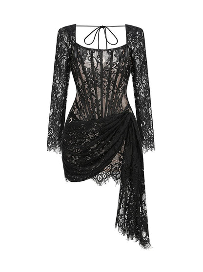 TARUXY Sexy Lace See-through Patchwork Corset Dress Female Bodycon Elegant Party MIrrgualr Mini Dress Women Tube Top Dress New