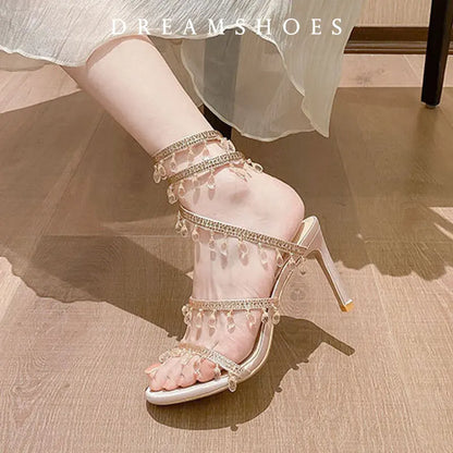 Women's New Shimmering Crystals Summer Shoes Tassel Crystal Shoes Sexy Banquet Party Twin Stiletto Women's Large Sandals