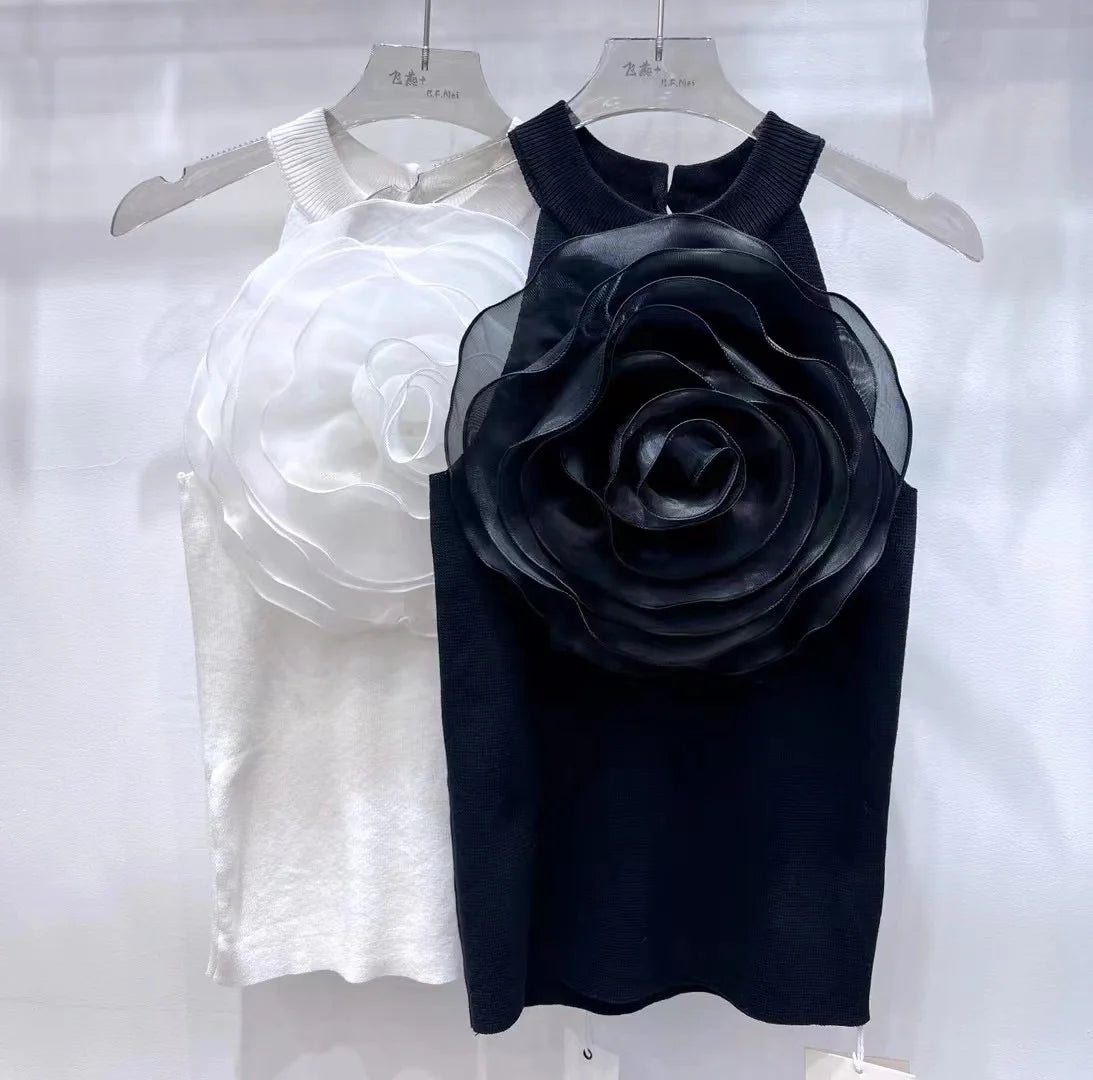 Black White 3D Diamonds Flower Stitch Sleeveless Knitted Top Slim Fit Halter Vest 2025 Sring Summer Knitwear Sexy Crop Tank Top