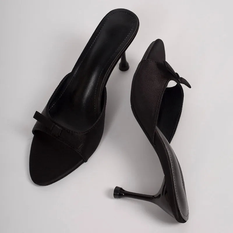 Designer Thin High Heel Summer Women Slippers Fashion Satin Butterfly-knot Dress Slides Ladies Sexy Stripper Party Sandals