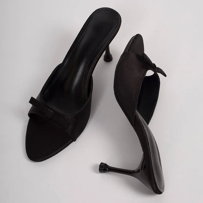 Designer Thin High Heel Summer Women Slippers Fashion Satin Butterfly-knot Dress Slides Ladies Sexy Stripper Party Sandals