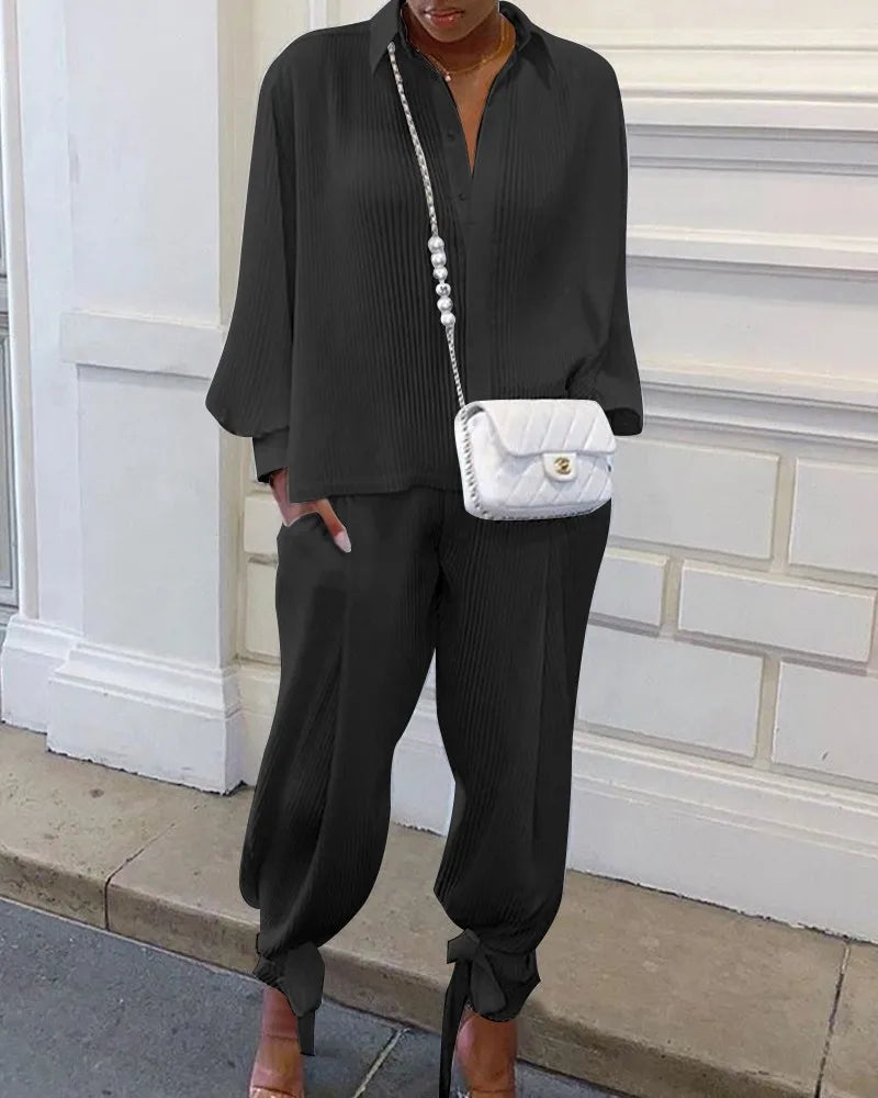 Classic Solid Shirt Pants Set Women Casual Loose Long Sleeved Lapel Elastic Waist Two Piece Suit 2025 New Summer Street Outfit
