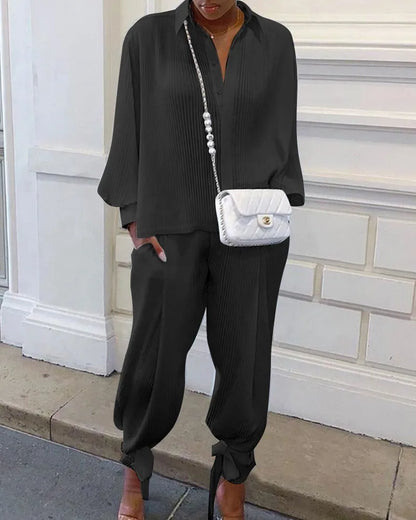 Classic Solid Shirt Pants Set Women Casual Loose Long Sleeved Lapel Elastic Waist Two Piece Suit 2025 New Summer Street Outfit