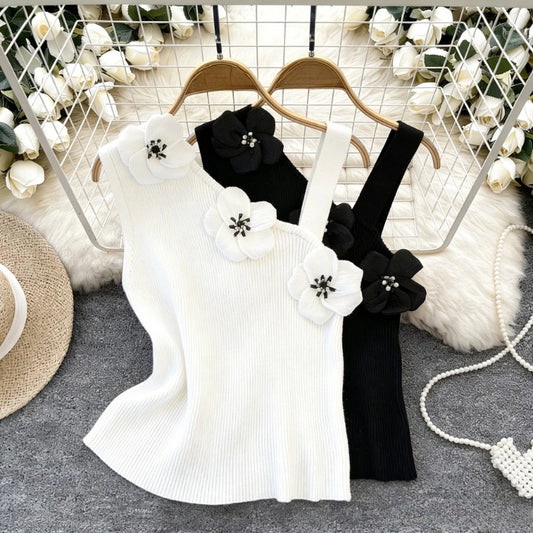 White 3D Flower Asymmetrical Strap Crop Tank Women's Clothing Sleeveless Stretchy Ribbed Knit Casual Summer Sweet Cami Top