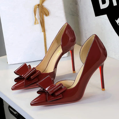 Nude Patent Leather Pointed Toe Stiletto Heel Pumps With Bow Cut Out High Heels For Wedding Party Prom Evening Formal Dress