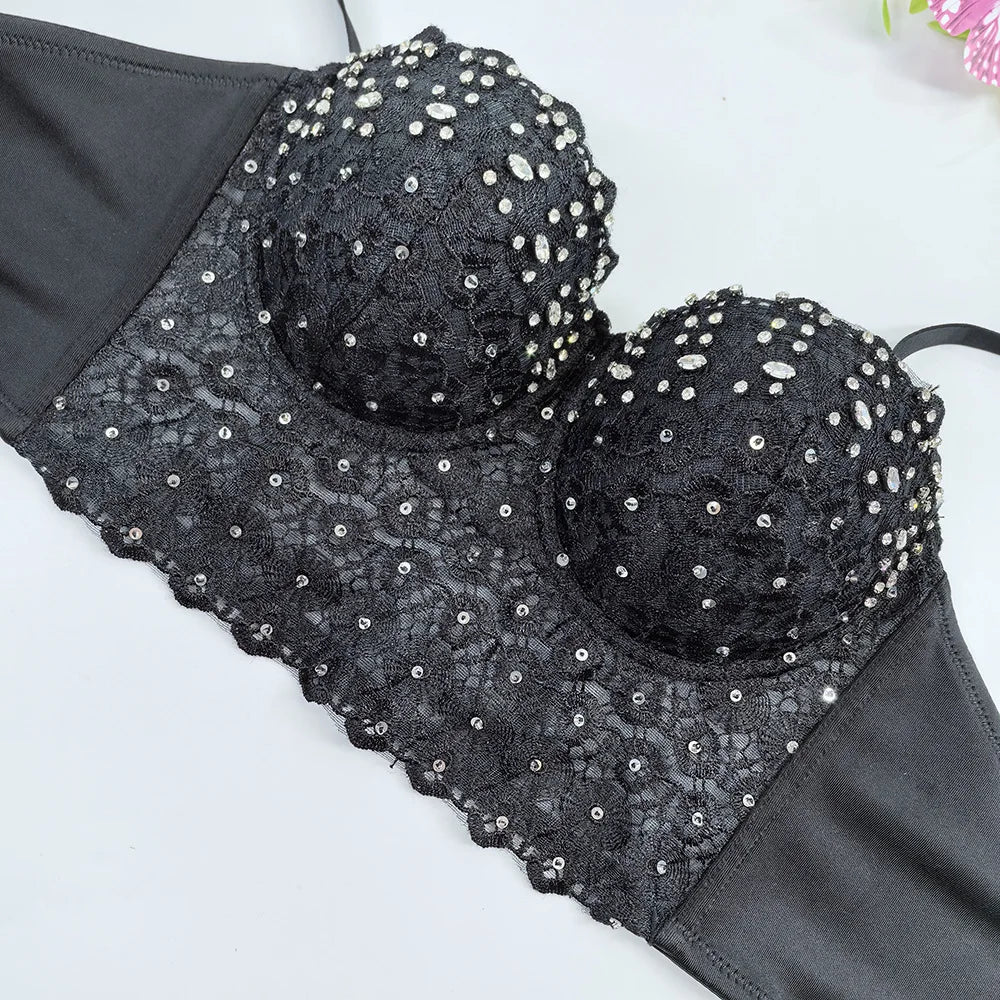Women Crocheted 3D Lace Corset Stylish Floral Embroidery Bustier Push Up Bra Lady Tank Top Elegant Cropped Top Club Party Bralet