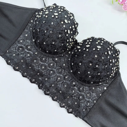 Women Crocheted 3D Lace Corset Stylish Floral Embroidery Bustier Push Up Bra Lady Tank Top Elegant Cropped Top Club Party Bralet