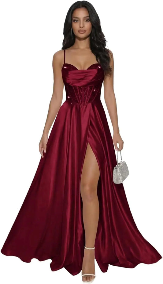 Pleated Satin A Line Prom Dresses for Women Spaghetti Straps Sequin Corset Formal Dress with Slit Formal Dress Women Elegant