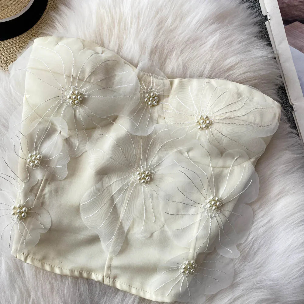 Embellished Short Crop Top Women's Vest with Chest Pad 3D Flower Decoration Slimming Effect Summer Fashion