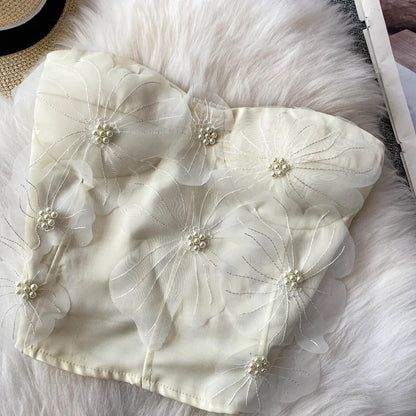 Embellished Short Crop Top Women's Vest with Chest Pad 3D Flower Decoration Slimming Effect Summer Fashion
