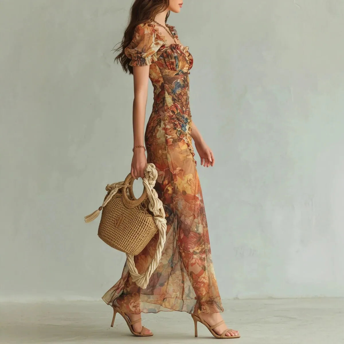 2026 Spring New Women V Neck Print Waist Cinched Ruffle Trim Loose Temperament Versatile Long Dress Fashion Vacation Style Dress