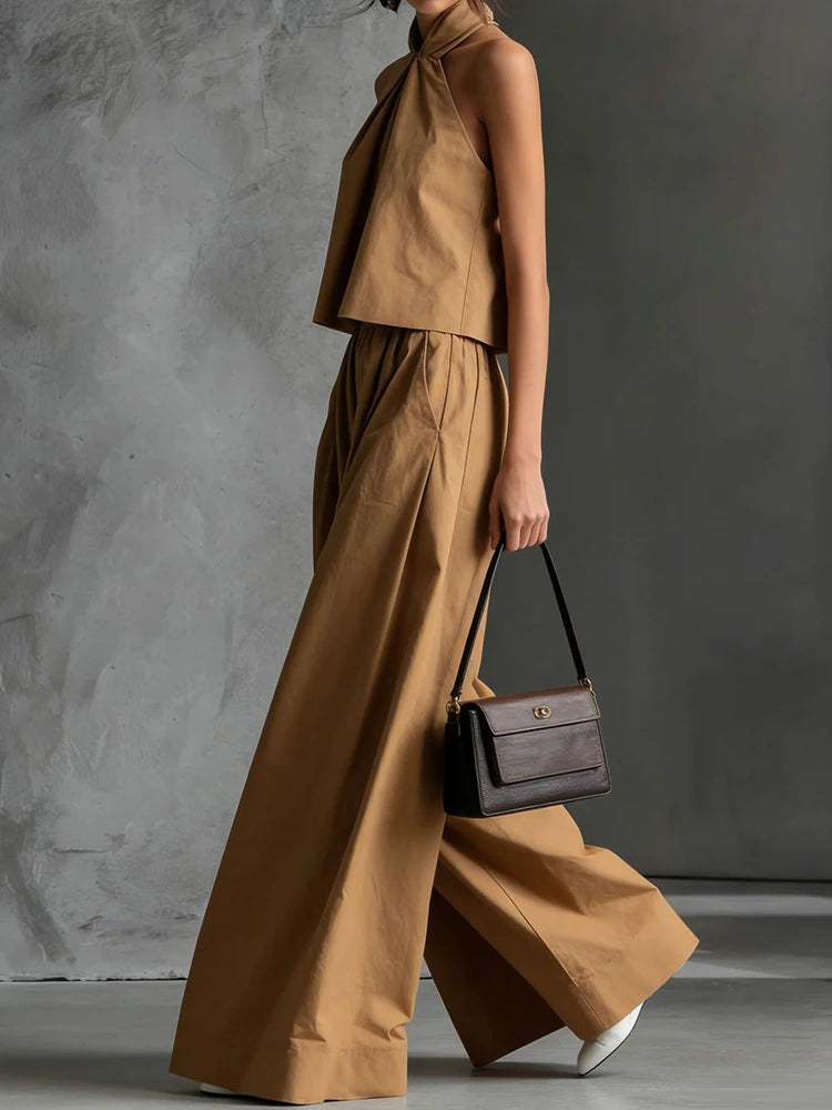 2026 Women Summer Casual Holiday Halter Sleeveless Pullover Top with Wide Leg Pants Two-Piece Set Backless Patchwork Chic Outfit
