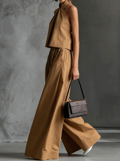 2026 Women Summer Casual Holiday Halter Sleeveless Pullover Top with Wide Leg Pants Two-Piece Set Backless Patchwork Chic Outfit