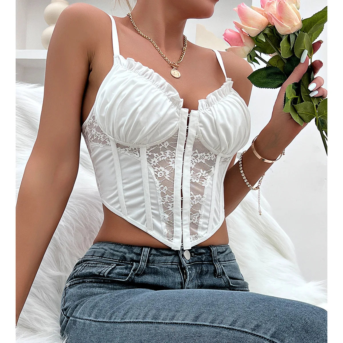 Sexy Lace Mesh Sheer Patchwork Corset Top Spaghetti Strap Pleated Chic Tank Tops for Women See Through Back Fishbone Camisole