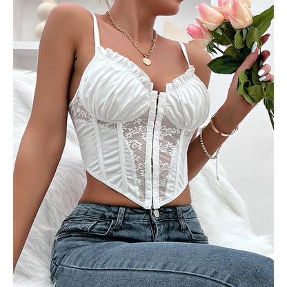 Sexy Lace Mesh Sheer Patchwork Corset Top Spaghetti Strap Pleated Chic Tank Tops for Women See Through Back Fishbone Camisole