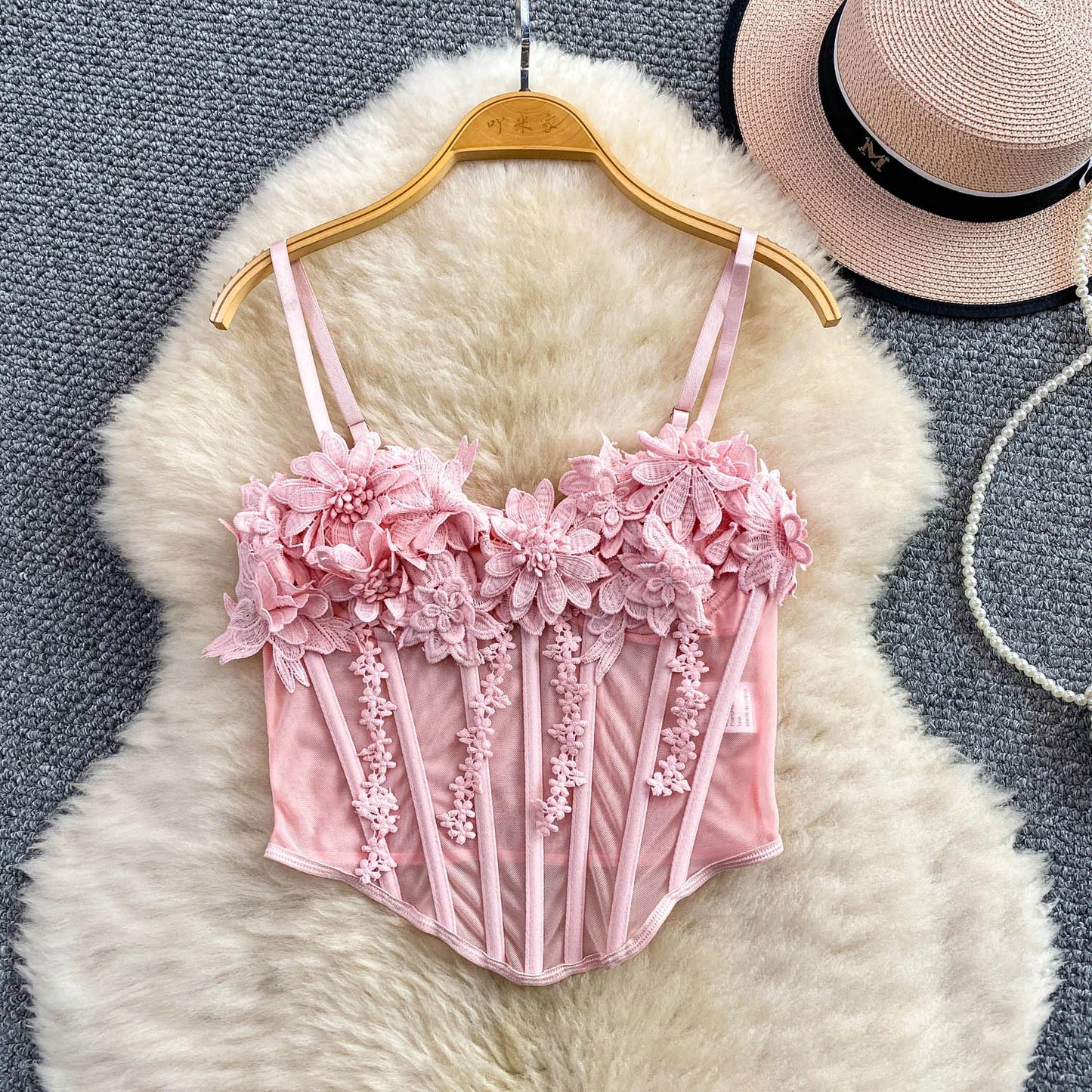 Slimming Floral Lace Crop Top Women's Summer Fashion Fishbone Design Strap Vest Breathable Short Style Sexy European Style