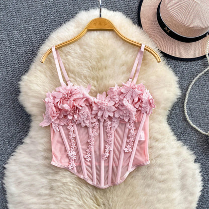 Slimming Floral Lace Crop Top Women's Summer Fashion Fishbone Design Strap Vest Breathable Short Style Sexy European Style