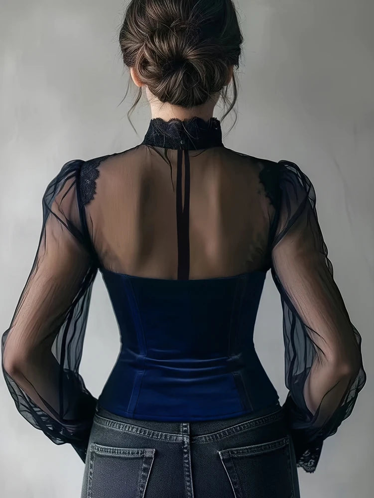 Women's Spring/Fall 2026 New Arrival Elegant Lace-Panel Cutout Bell-Sleeve Tie-Waist Top Everyday Lace-Panel Design