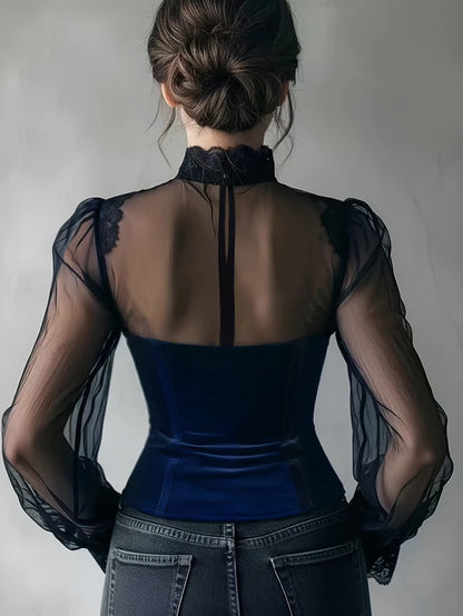 Women's Spring/Fall 2026 New Arrival Elegant Lace-Panel Cutout Bell-Sleeve Tie-Waist Top Everyday Lace-Panel Design