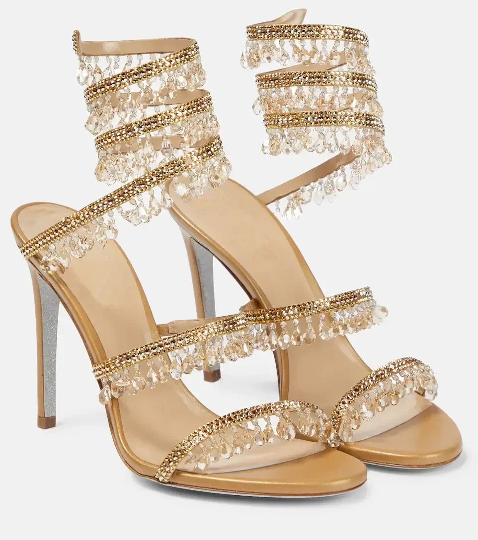 2024Women's New Water Diamond Sandals Fashion Tassel Crystal Shoes Sexy Banquet Party Twin Stiletto Women's Large Sandals