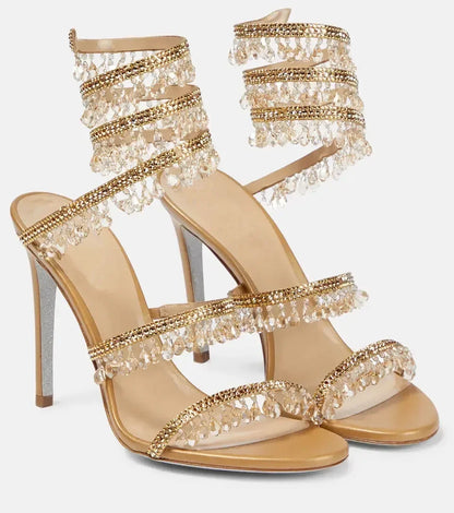 2024Women's New Water Diamond Sandals Fashion Tassel Crystal Shoes Sexy Banquet Party Twin Stiletto Women's Large Sandals