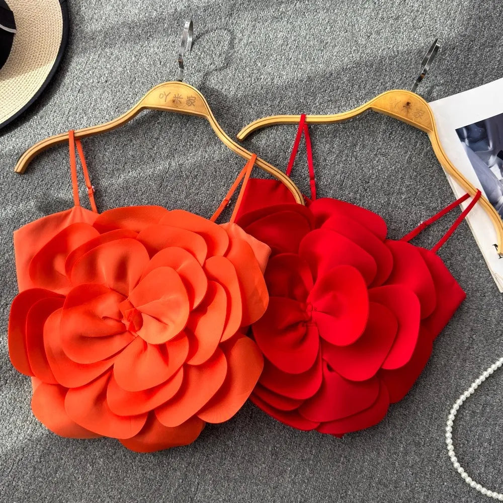 Stretchy Back Camis Slim Woman Solid Big Flower Tank Girl 2024 Summer Crop Top for Female Camisole