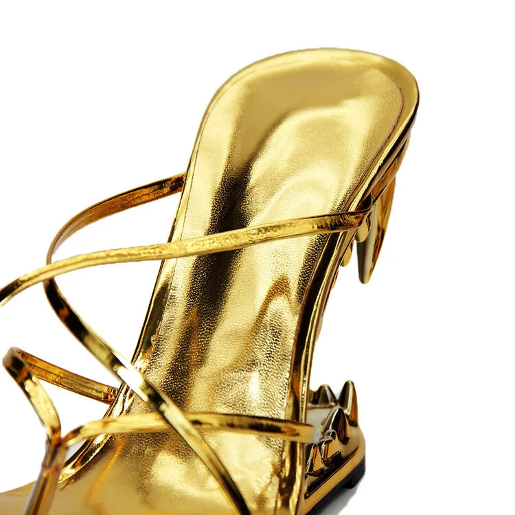 2026 Big Gold Chain Peep Toe Tiger Teeth Heel Sandals 2024 New Fashion Silvery Beach Party Outdoors Women's Slippers Size 35-43