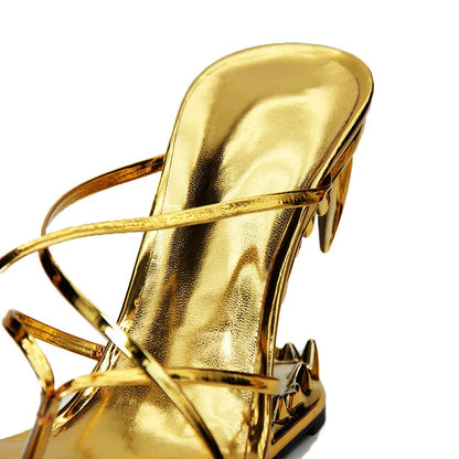 2026 Big Gold Chain Peep Toe Tiger Teeth Heel Sandals 2024 New Fashion Silvery Beach Party Outdoors Women's Slippers Size 35-43
