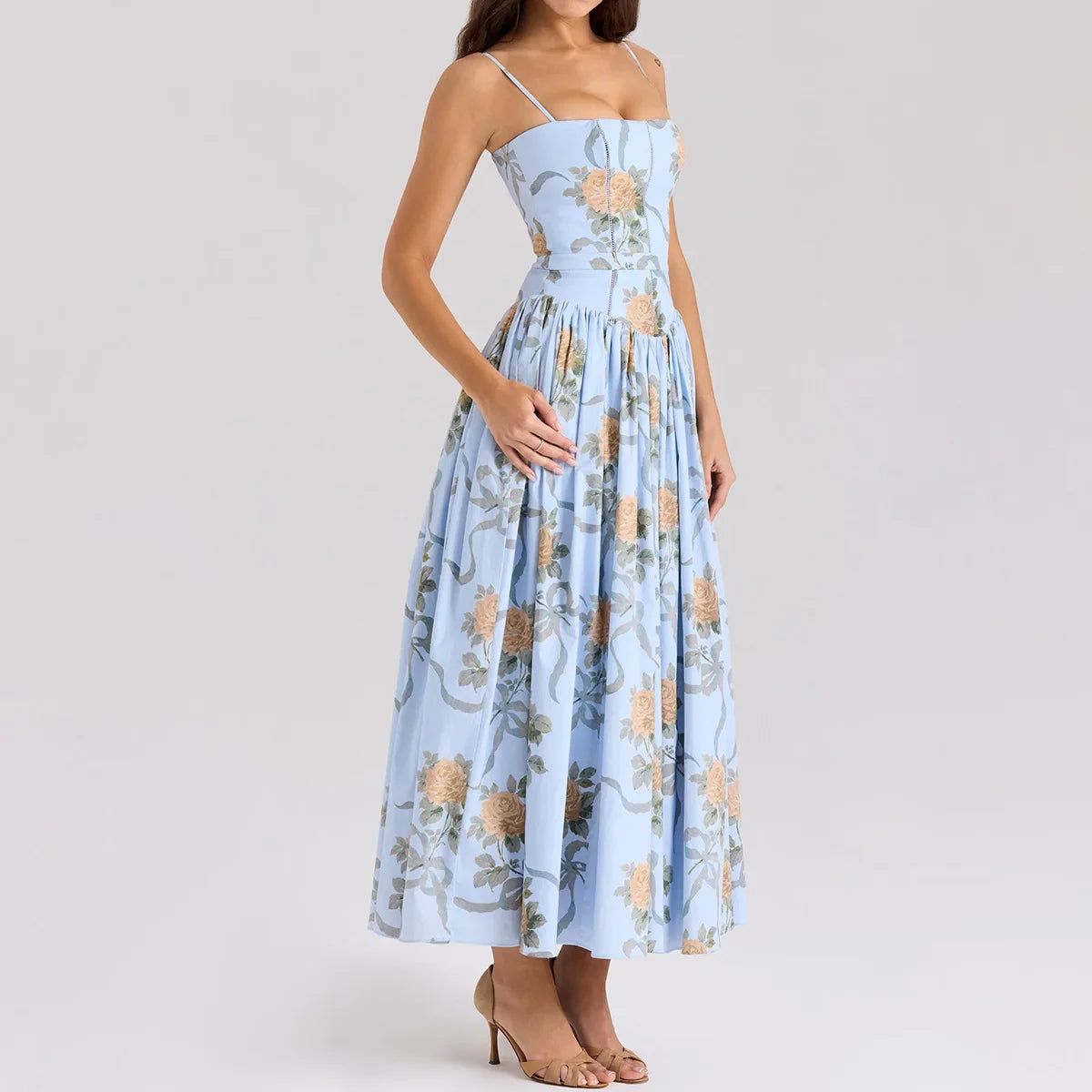 Oligai Floral Print Midi Sundress Elegant Spaghetti Strap Flowy Dress Aussie Summer Women Boho Chic Beach Dress