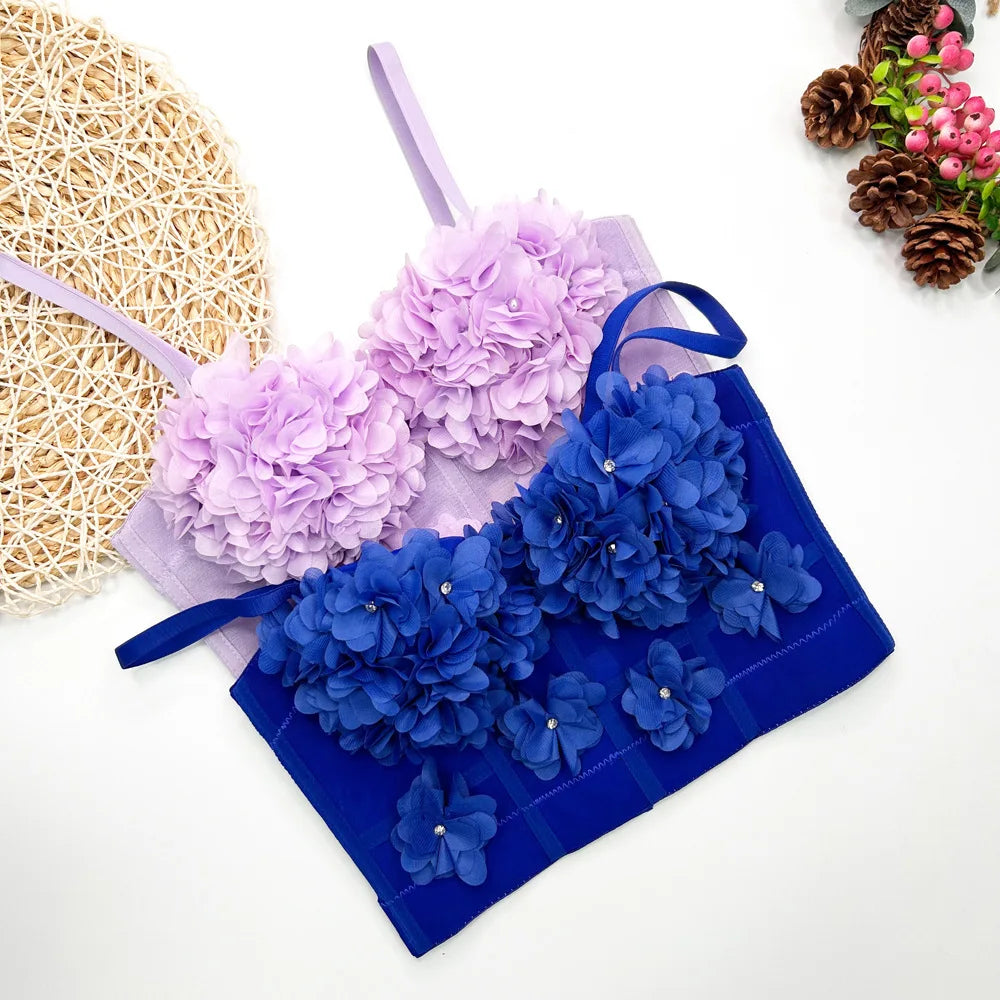 Sexy Beachwear Corset 3D Floral Applique Cute Women Deading Design Bustier Ladies Event Party Crop Top Short French Sweet Cami