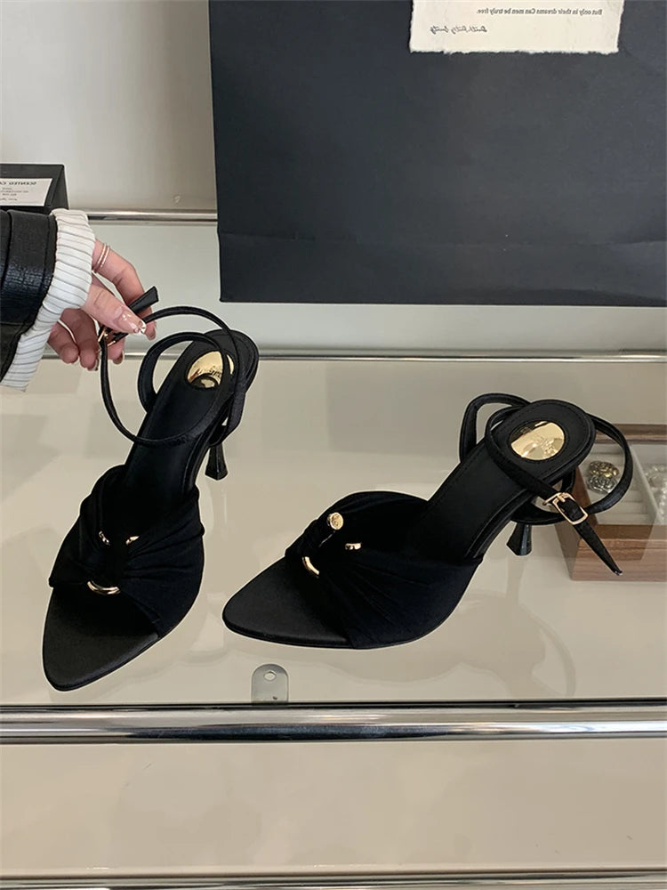 Eilyken Summer Fashion Thin Heels Pleated Hollow Out Buckle Strap Women Sandals Pointed Toe Banquet Party Female Shoes  6CM 9CM