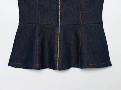 HH Women Summer Sexy Tube Top Zipper Sleeveless Short Top+Mid-Waist High Street Casual Trousers Fashion Denim 2-Piece Set