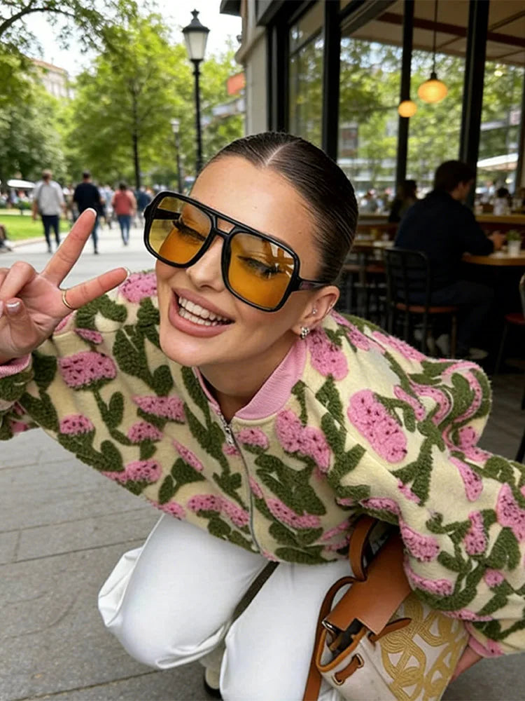 Sweet Dreamy Flower Plush Bomber Jacket For Women Casual Oversized Long Sleeves Zip Up Fleece Coat 2026 High Street Daily Wear