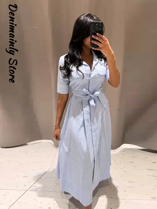 Casual Striped Women Summer Dress Lapel Single Breast Half Sleeve Slim Waist Long Dresses 2026 Autumn Lady Fashion Vacation Robe