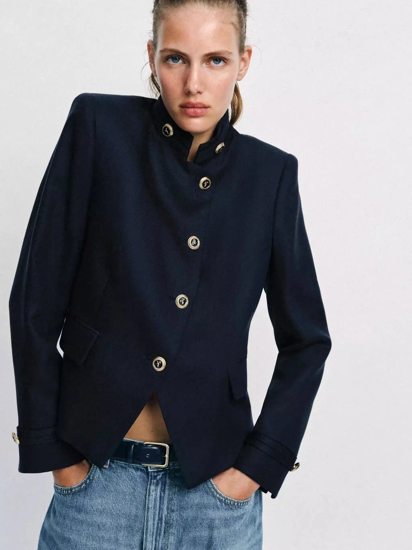 Spring New Arrival Women's Slim Fit Long Sleeve Stand Collar Jacket Gold Button Casual Style Standard Version Outerwear