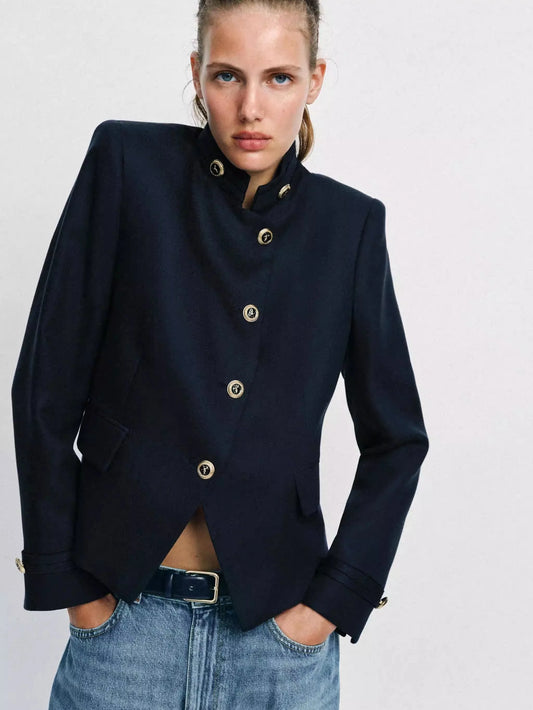 Spring New Arrival Women's Slim Fit Long Sleeve Stand Collar Jacket Gold Button Casual Style Standard Version Outerwear