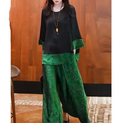 Summer Women Loose Satin Outfit Korean Ladies Leisure Seven Divide Sleeve Pants Two-piece Suit 2025 Female Large Size 4XL 2PCS