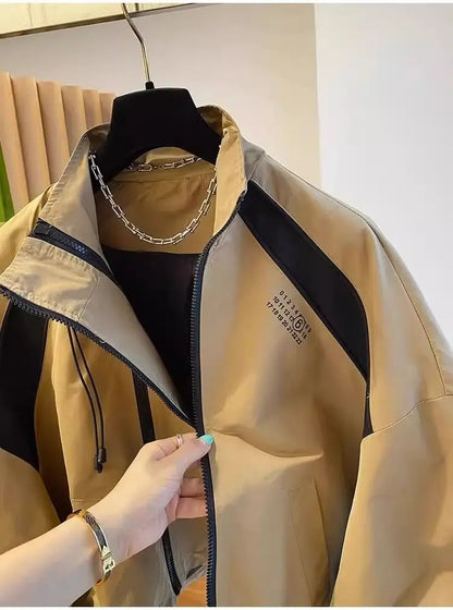 Design  niche loose casual stand up collar trench coat, women's spring and autumn short jacket double zipper