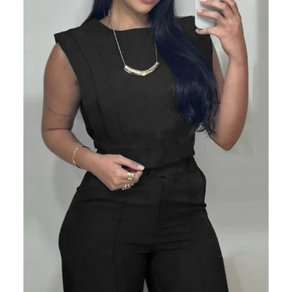 Fashion Solid 2 Piece Set For Women Casual Sleeveless O Neck Short Tops+High Waist Wide Leg Pants Sets High Street Clothes New