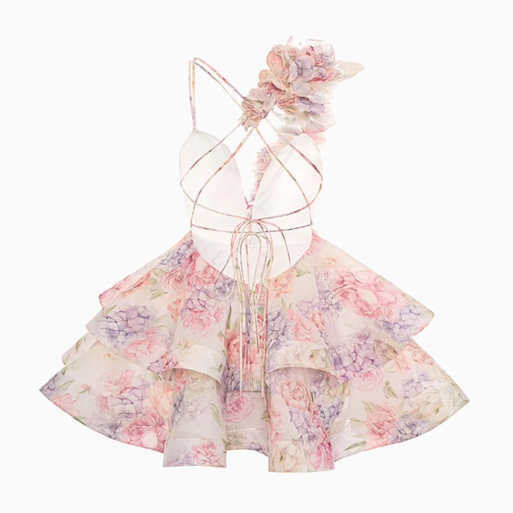 FSMG Sweet Pink 3D Flower Ruffles Mini Camisole Dress Fashion Sexy V Neck Sleeveless Backless Short Skirt Evening Party Vestidos