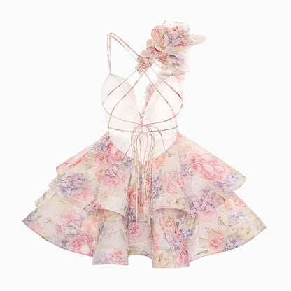 FSMG Sweet Pink 3D Flower Ruffles Mini Camisole Dress Fashion Sexy V Neck Sleeveless Backless Short Skirt Evening Party Vestidos