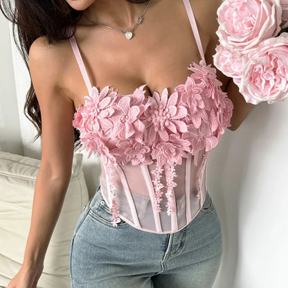 New women's slim fit vest, sexy women's transparent mesh fabric, three-dimensional floral decoration on the chest